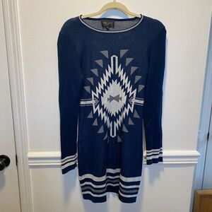 Boho Aztec Knit Sweater Dress Metallic Navy Blue Long Sleeve Romeo Juliet S